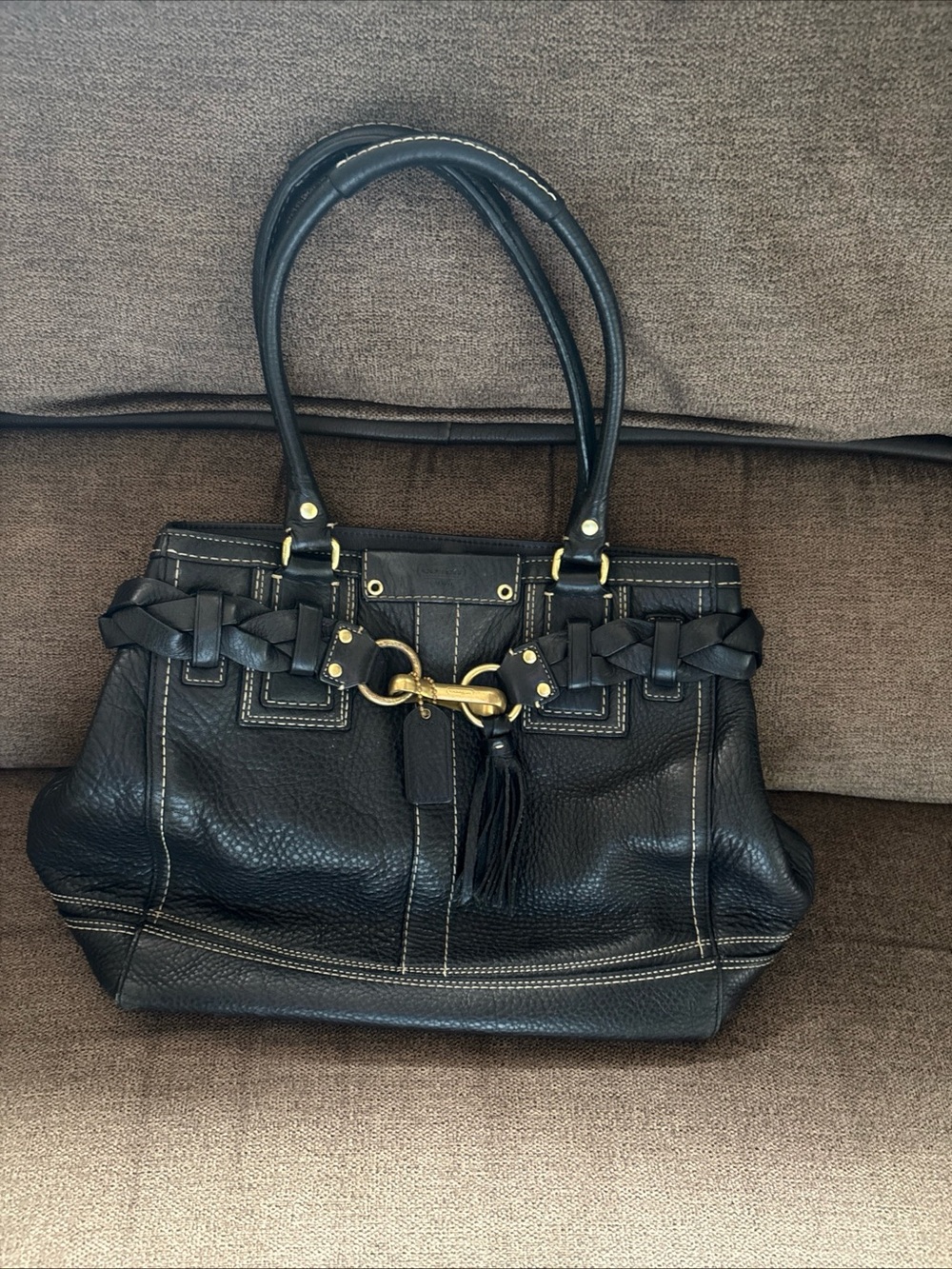 Vintage Coach Hamptons 13087 Satchel Handbag Purse Pebbled Leather Black Braided